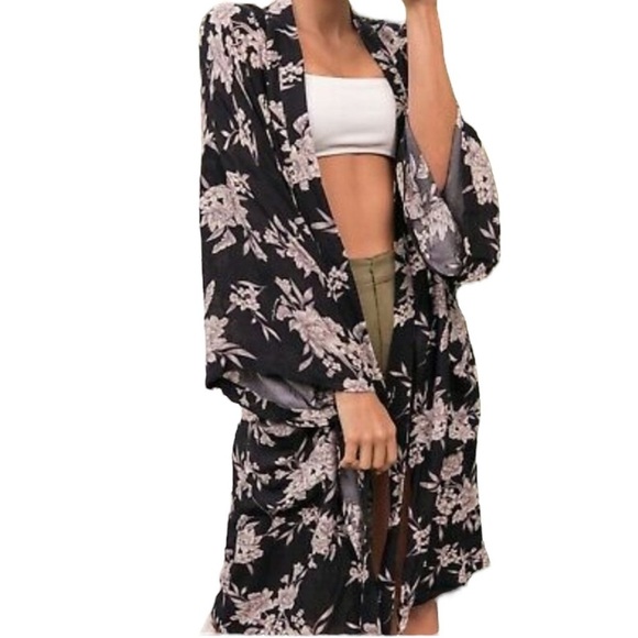 Spiritual Gangster OS Maya Black Floral Long Kimono One Size Casual - Picture 1 of 13